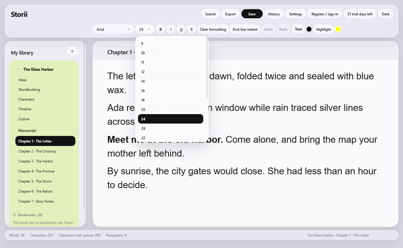 Storii light-mode manuscript editor with the font size menu open