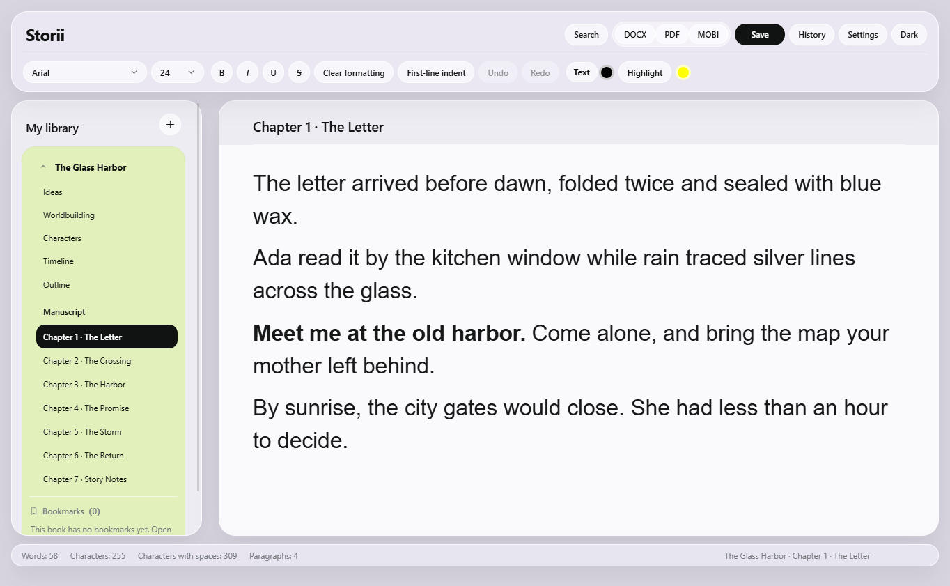 Storii writing interface with a book and chapter library on the left and an English manuscript editor on the right