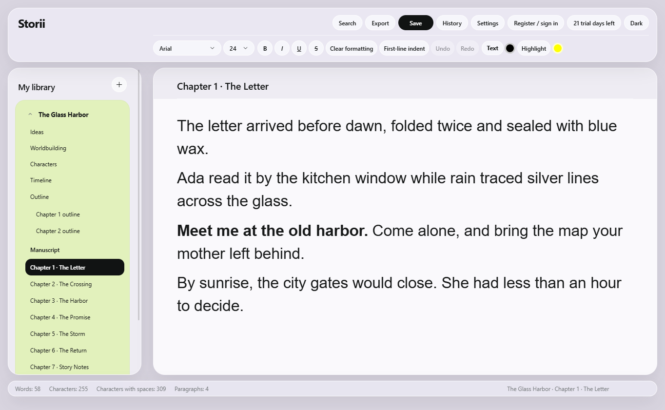 Storii light-mode manuscript with chapter outline sections expanded in the library