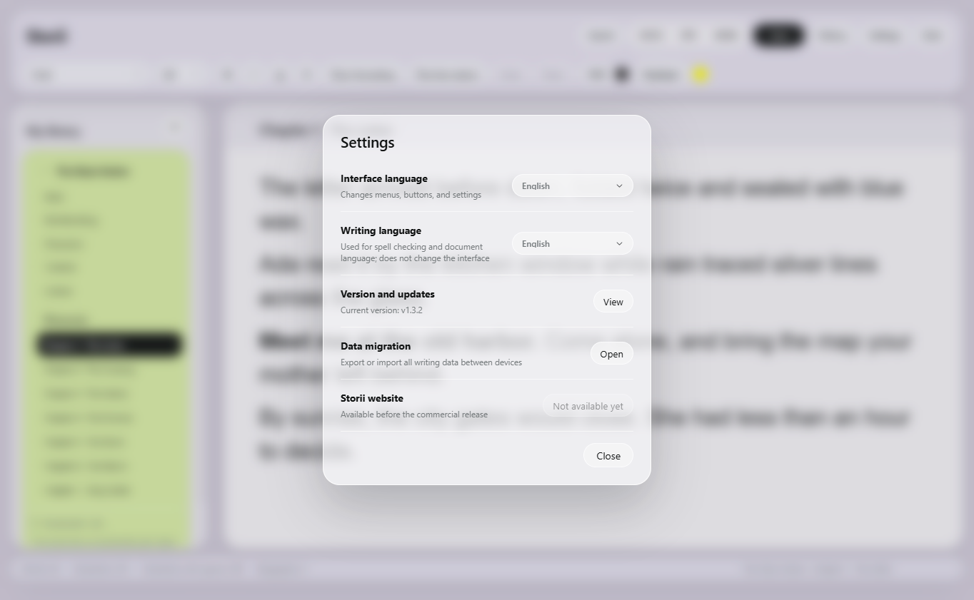 Storii settings panel for interface language, writing language, updates, and data migration