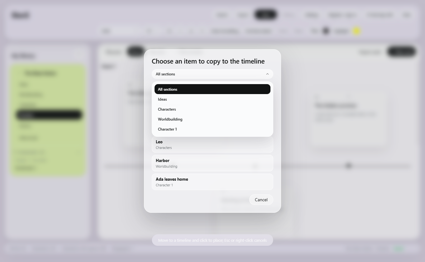 Storii light-mode dialog for copying existing story material into a timeline