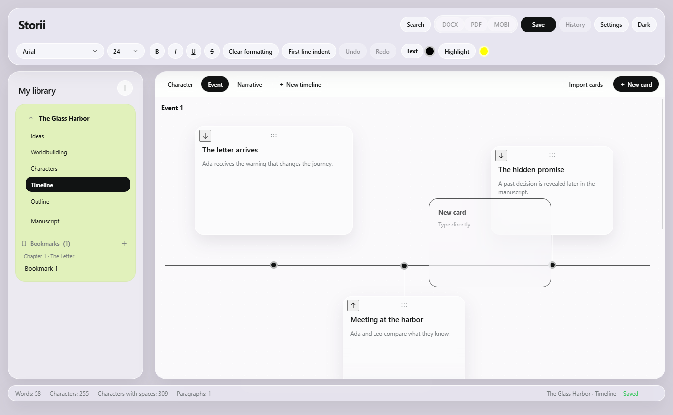 Storii multi-lane timeline with event cards arranged horizontally